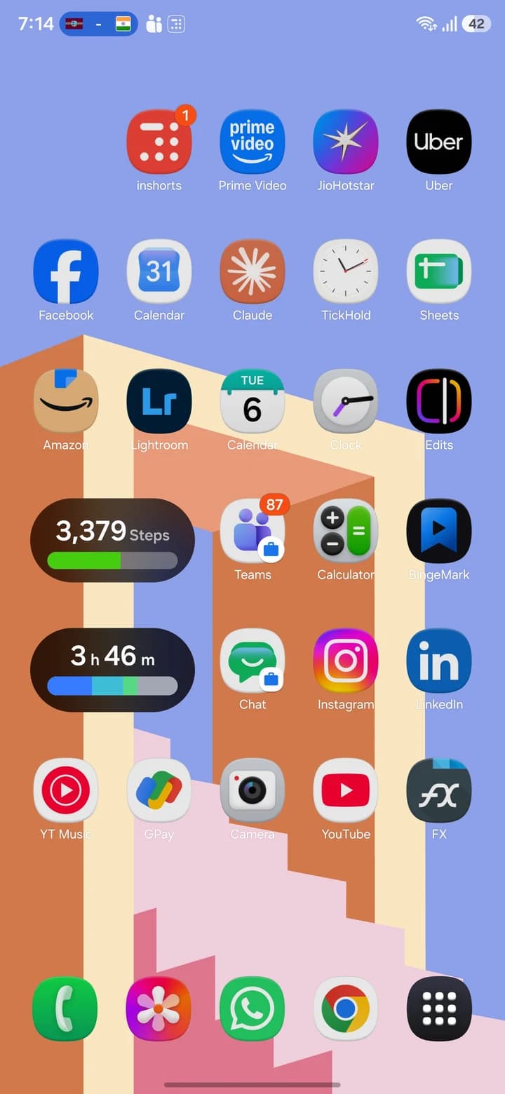 A typical Android home screen, crowded with colored icons, notification badges and widgets